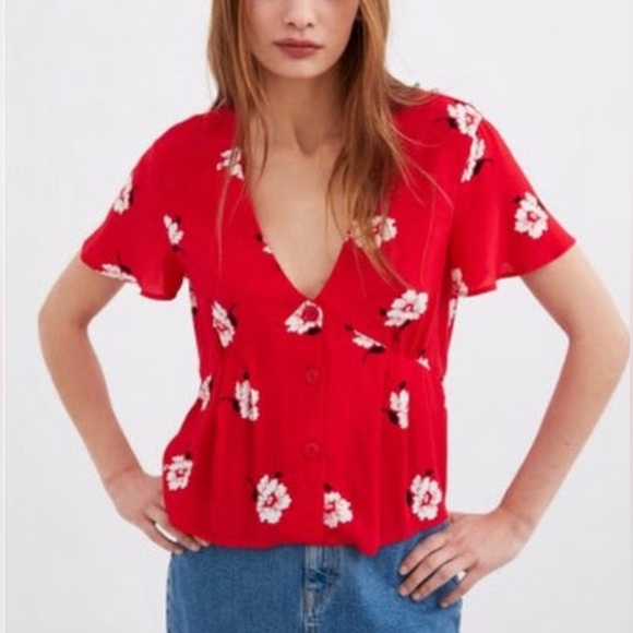 Zara Red Floral Buttondown Top size L - Picture 2 of 9
